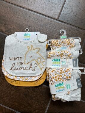 Carter's Child of Mine Bib and Floral Pants Sets- Mustard & White